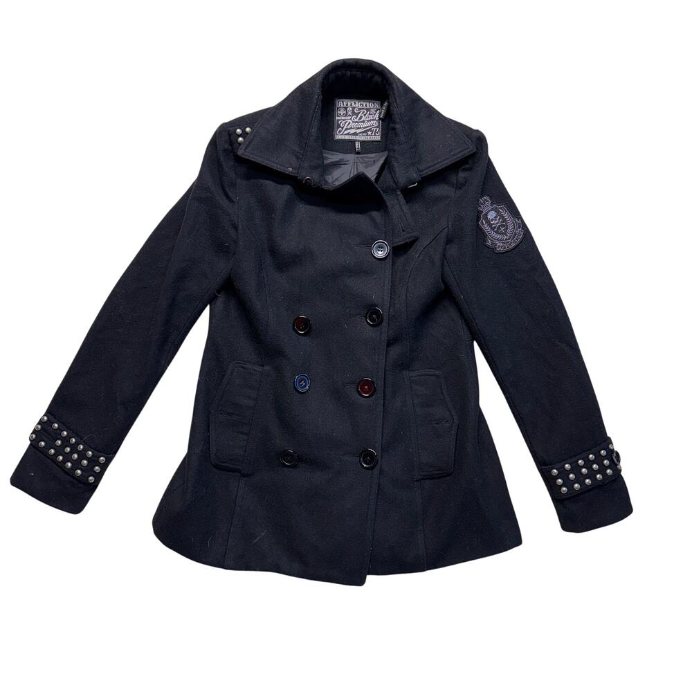 Vintage Affliction Black Coat Small Premium 73 Wool Blend Metal Studded Y2K 2000